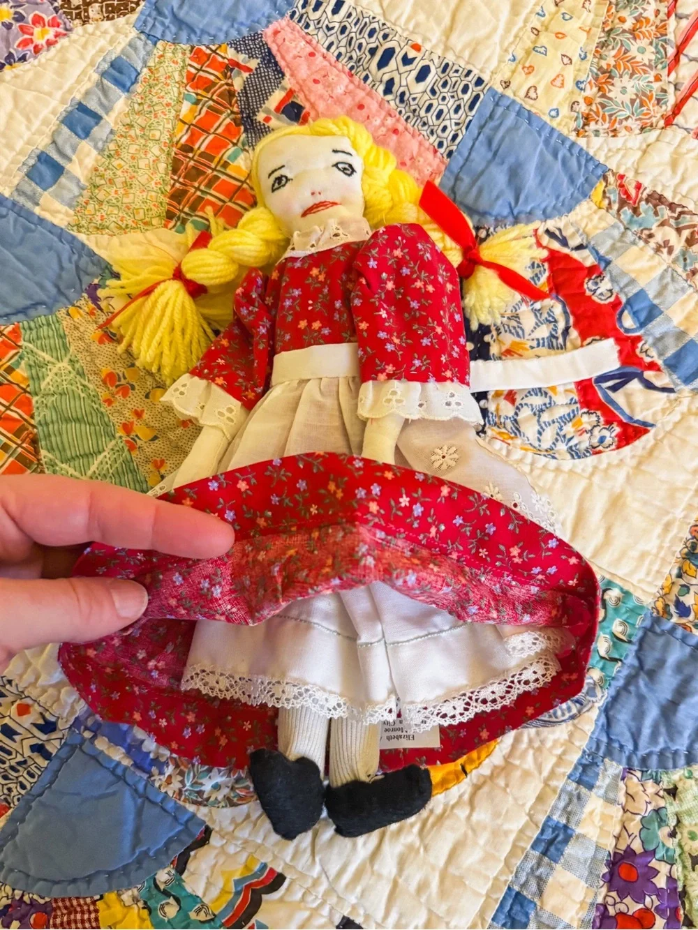 Handcrafted Vintage Yellow-Haired Rag Doll in Red Dress - Kids Toy